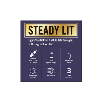 Dimensions Lead length (in.)  6  Lighted length (ft.)  33.25  Details Battery Size  None, Plug-In Only  Bulb Shape  Micro Fairy  Bulb Spacing (in.)  1  Bulb Texture  Smooth  Features  Continuous on technology, Dual Function, Low-voltage, Super Bright  Hol