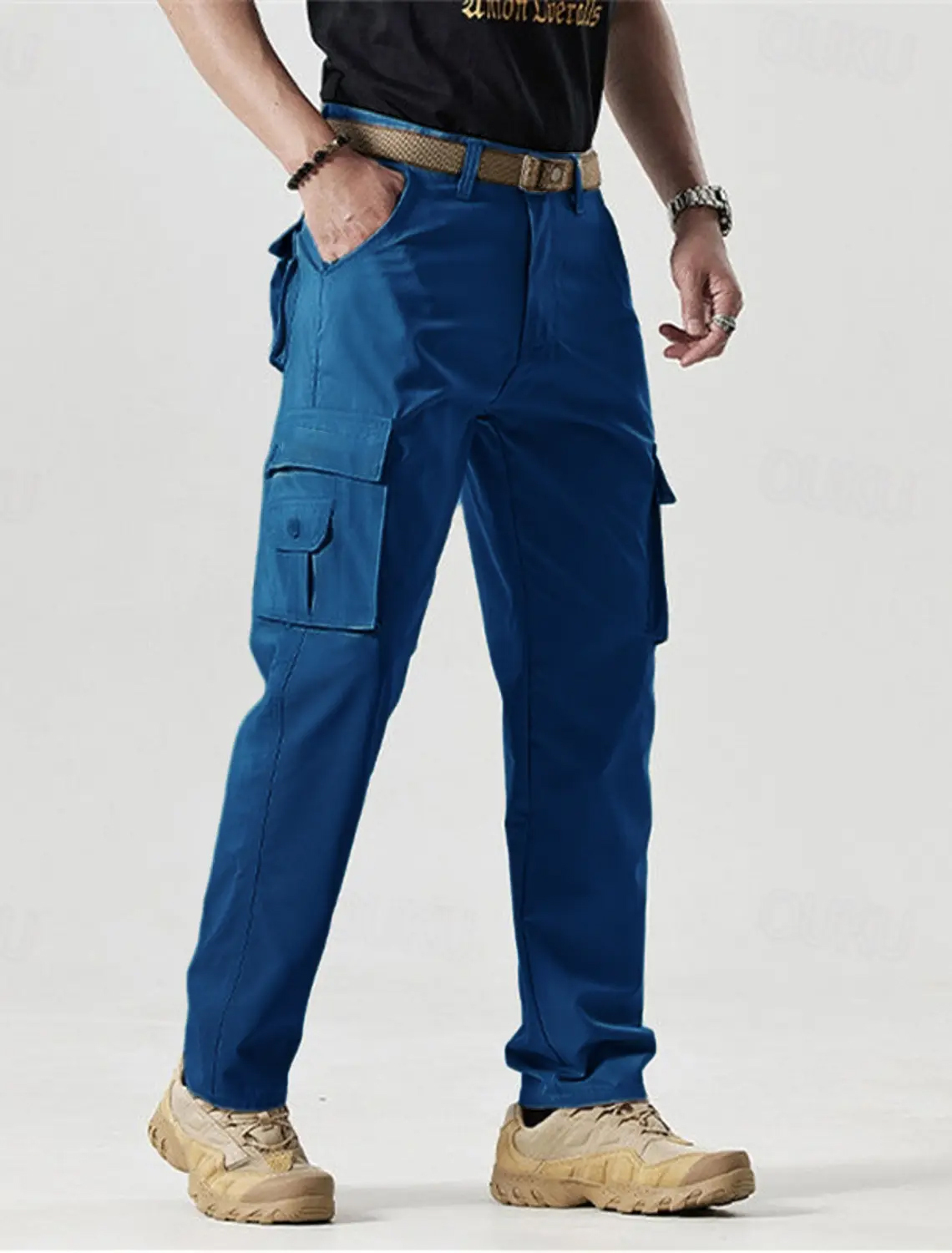 Men's Solid Color Patched Zipper Fly Cargo Pants