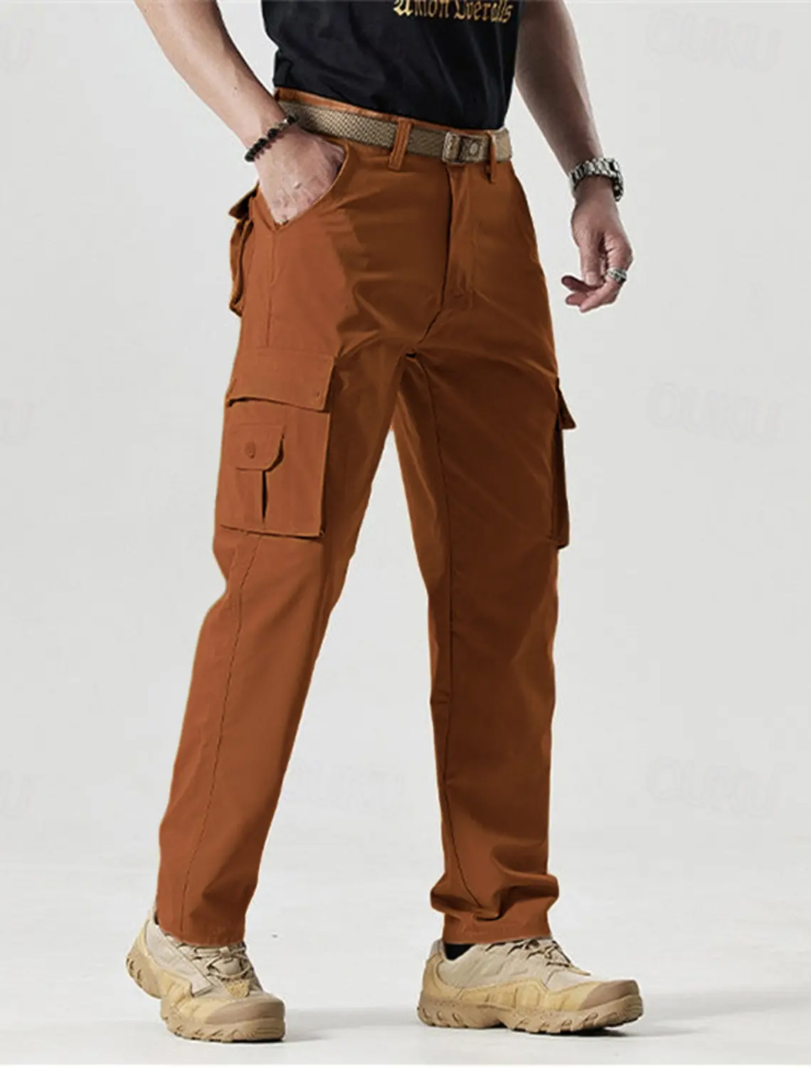 Men's Solid Color Patched Zipper Fly Cargo Pants