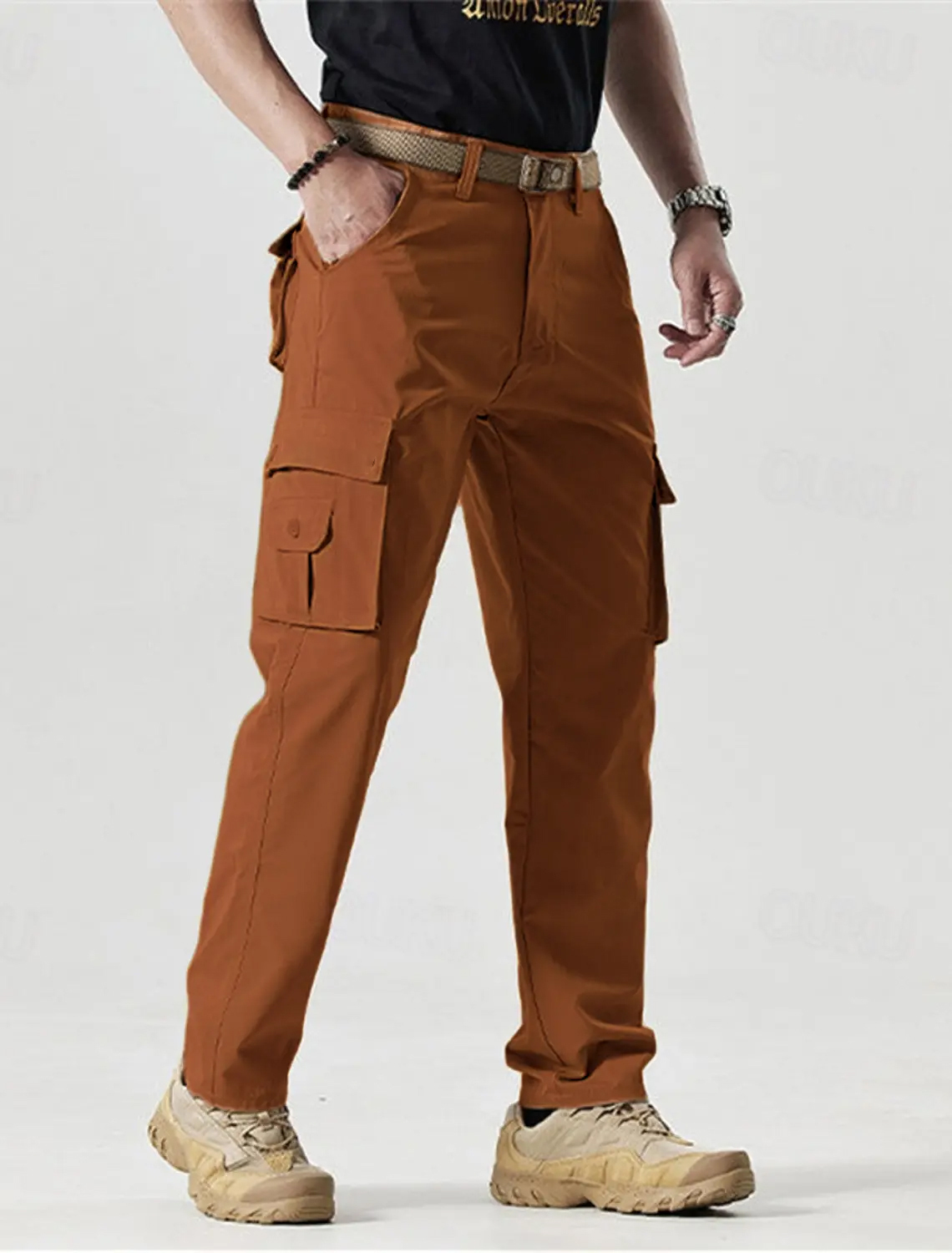 Men's Solid Color Patched Zipper Fly Cargo Pants