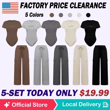 🔥Spring Fresh Sale 🎁Women's Knit Letter Print Two-Piece Set, Casual Fitted Short Sleeve Round Neck Jumpsuit & Drawstring Long Pants