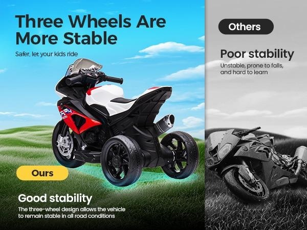 Spring Sale💥Kids Electric Motorcycle, 12V Ride on Toy for Toddlers Battery Powered 3-Wheel Stable Design with Horn, Music & LED Lights