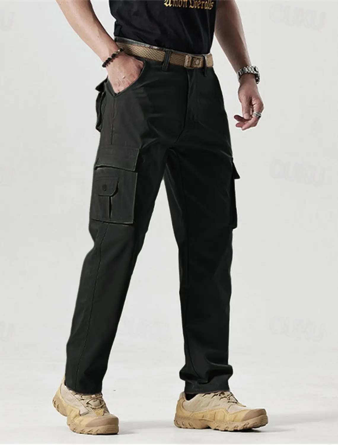 Men's Solid Color Patched Zipper Fly Cargo Pants