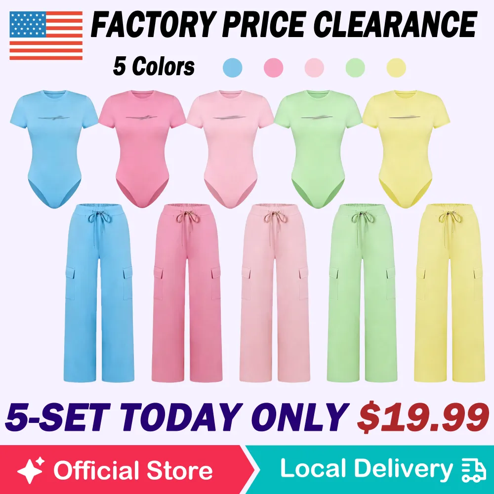 🔥Spring Fresh Sale 🎁Women's Knit Letter Print Two-Piece Set, Casual Fitted Short Sleeve Round Neck Jumpsuit & Drawstring Long Pants