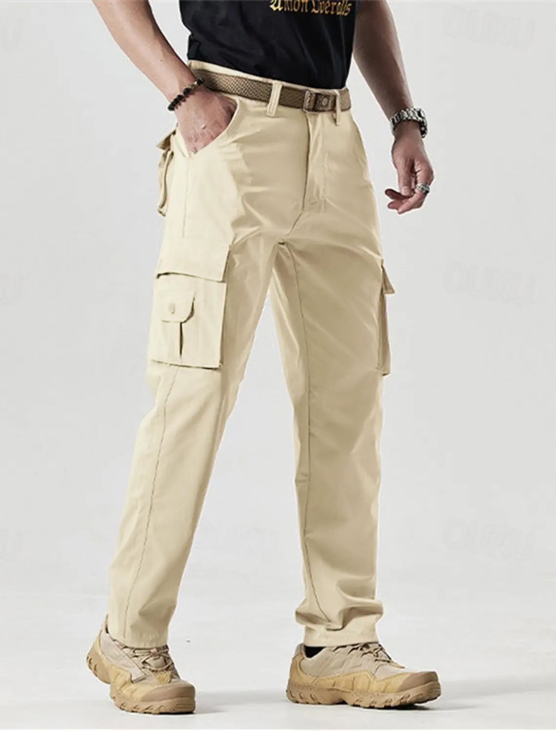 Men's Solid Color Patched Zipper Fly Cargo Pants