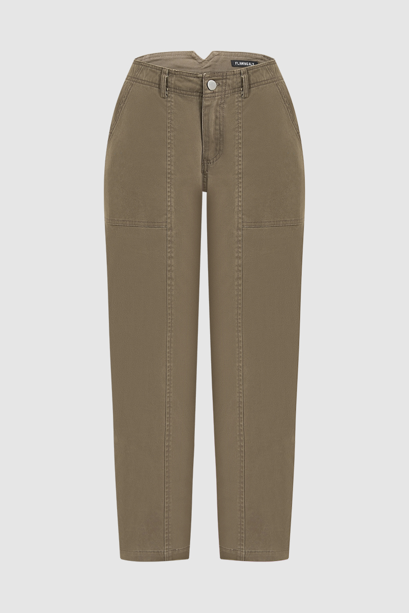Solid Stitch Detail Mid Waist Barrel Leg Pants Without Belt