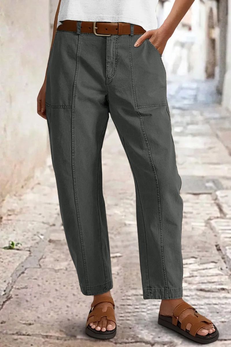 Solid Stitch Detail Mid Waist Barrel Leg Pants Without Belt