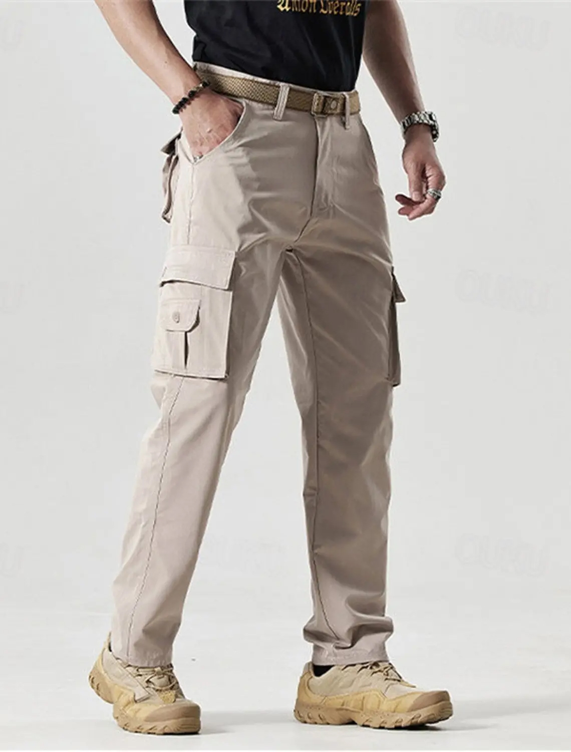 Men's Solid Color Patched Zipper Fly Cargo Pants