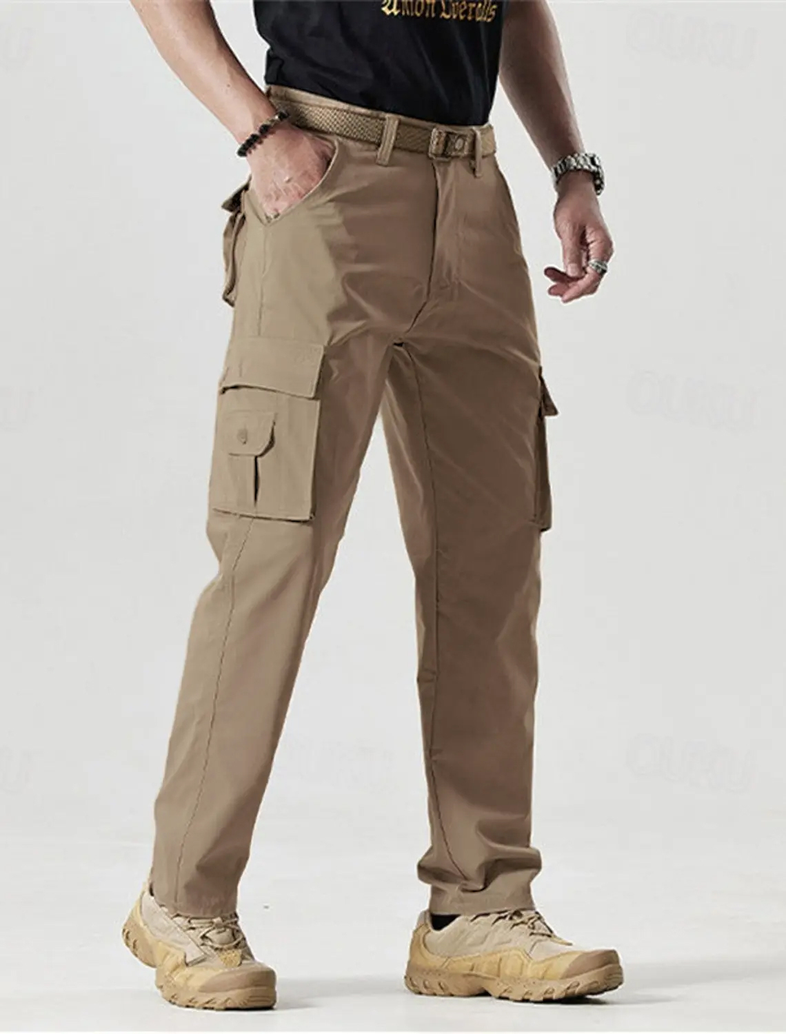 Men's Solid Color Patched Zipper Fly Cargo Pants