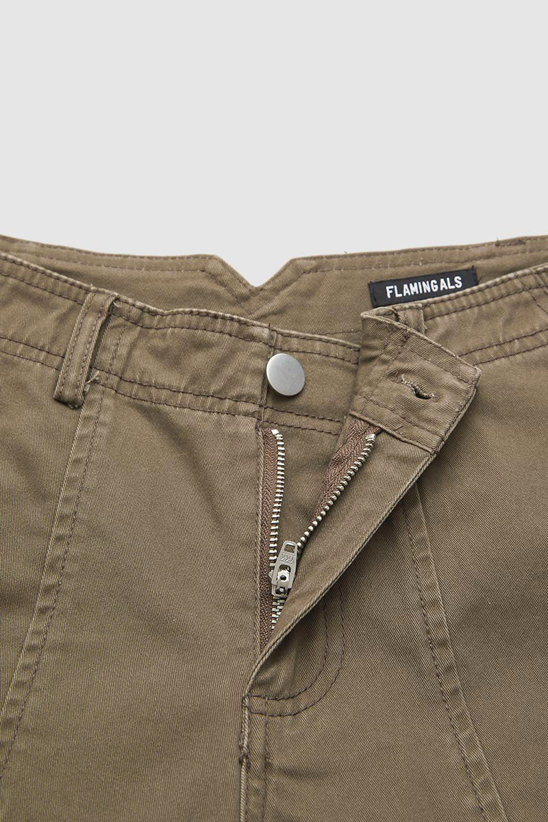 Solid Stitch Detail Mid Waist Barrel Leg Pants Without Belt