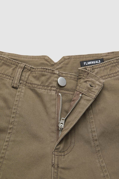 Solid Stitch Detail Mid Waist Barrel Leg Pants Without Belt