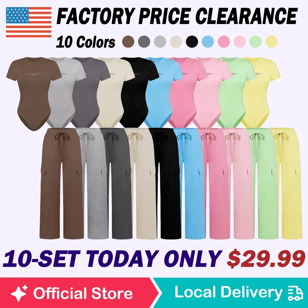 🔥Spring Fresh Sale 🎁Women's Knit Letter Print Two-Piece Set, Casual Fitted Short Sleeve Round Neck Jumpsuit & Drawstring Long Pants