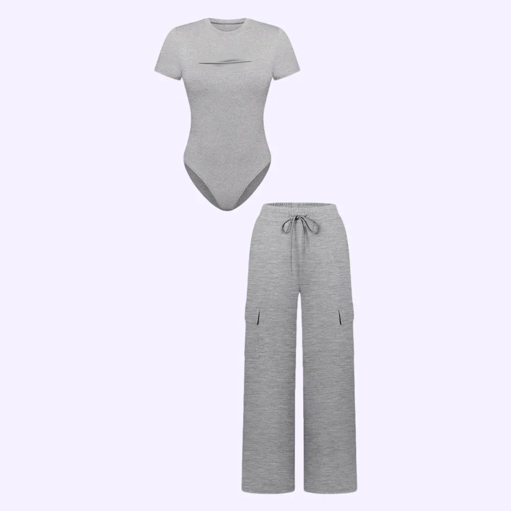 🔥Spring Fresh Sale 🎁Women's Knit Letter Print Two-Piece Set, Casual Fitted Short Sleeve Round Neck Jumpsuit & Drawstring Long Pants