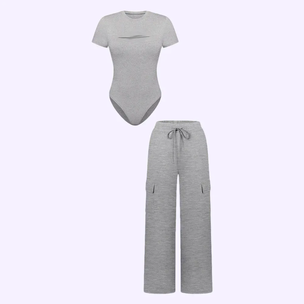 🔥Spring Fresh Sale 🎁Women's Knit Letter Print Two-Piece Set, Casual Fitted Short Sleeve Round Neck Jumpsuit & Drawstring Long Pants