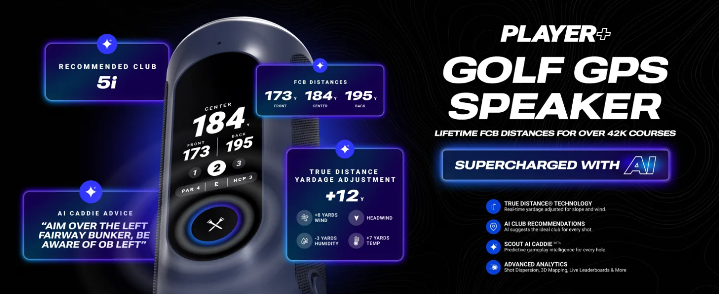 AI Golf GPS Speaker – Touchscreen Display, 40,000+ Courses, Hazard Alerts & 10+ Hour Battery