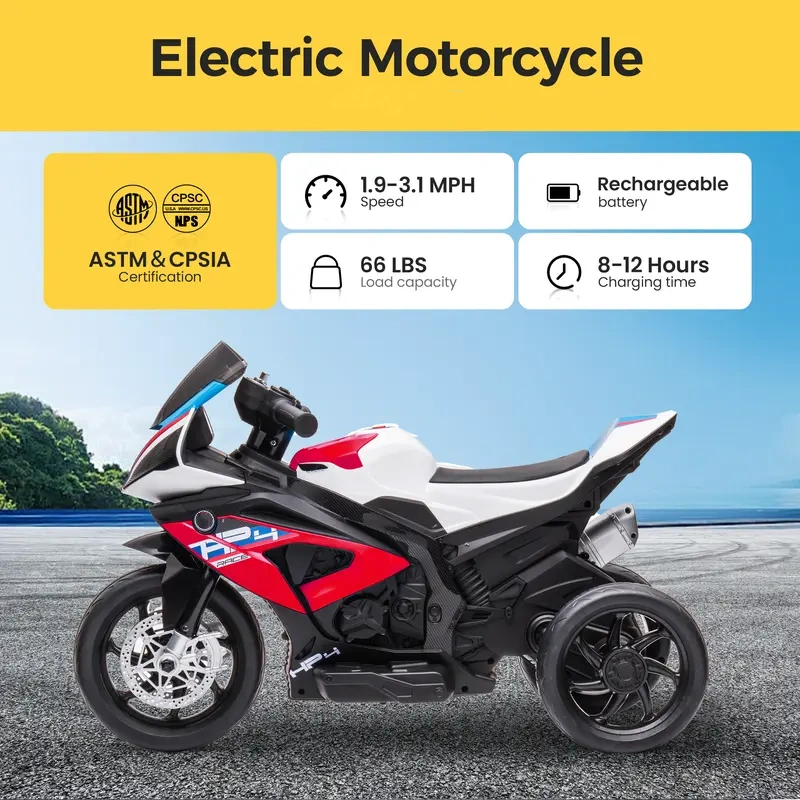 Spring Sale💥Kids Electric Motorcycle, 12V Ride on Toy for Toddlers Battery Powered 3-Wheel Stable Design with Horn, Music & LED Lights