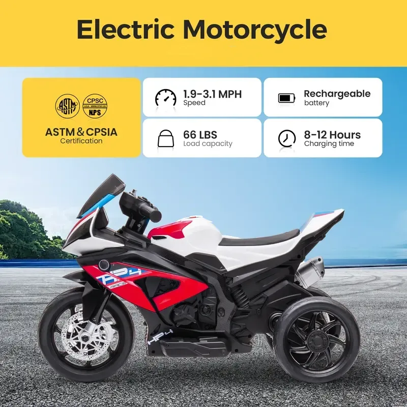 Spring Sale💥Kids Electric Motorcycle, 12V Ride on Toy for Toddlers Battery Powered 3-Wheel Stable Design with Horn, Music & LED Lights