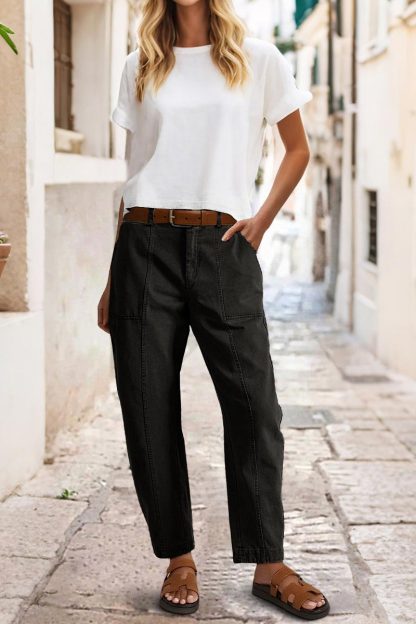 Solid Stitch Detail Mid Waist Barrel Leg Pants Without Belt
