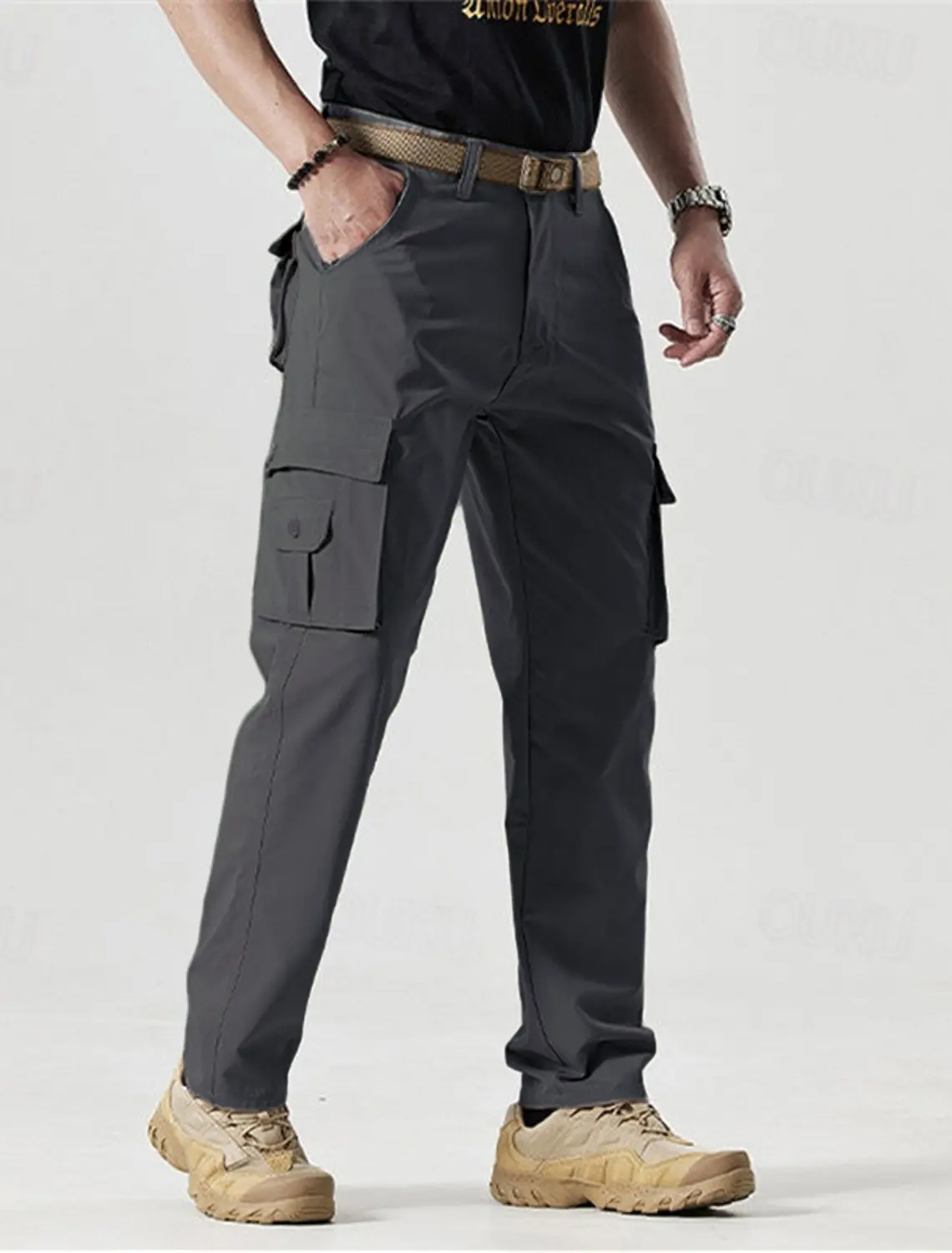Men's Solid Color Patched Zipper Fly Cargo Pants