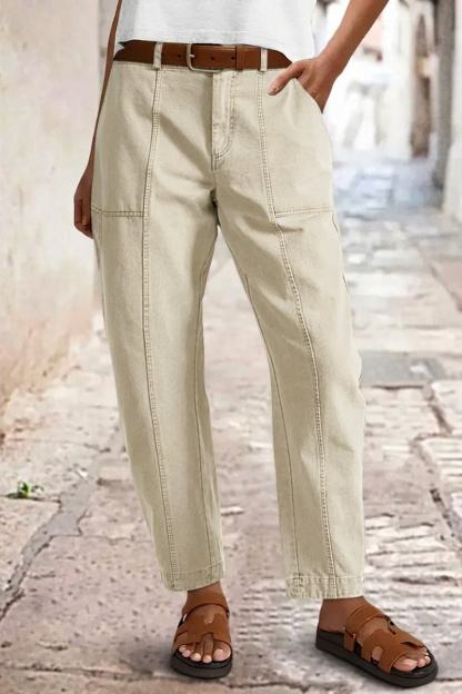 Solid Stitch Detail Mid Waist Barrel Leg Pants Without Belt