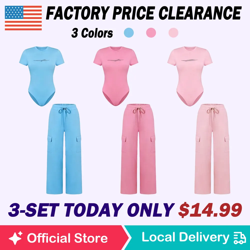 🔥Spring Fresh Sale 🎁Women's Knit Letter Print Two-Piece Set, Casual Fitted Short Sleeve Round Neck Jumpsuit & Drawstring Long Pants