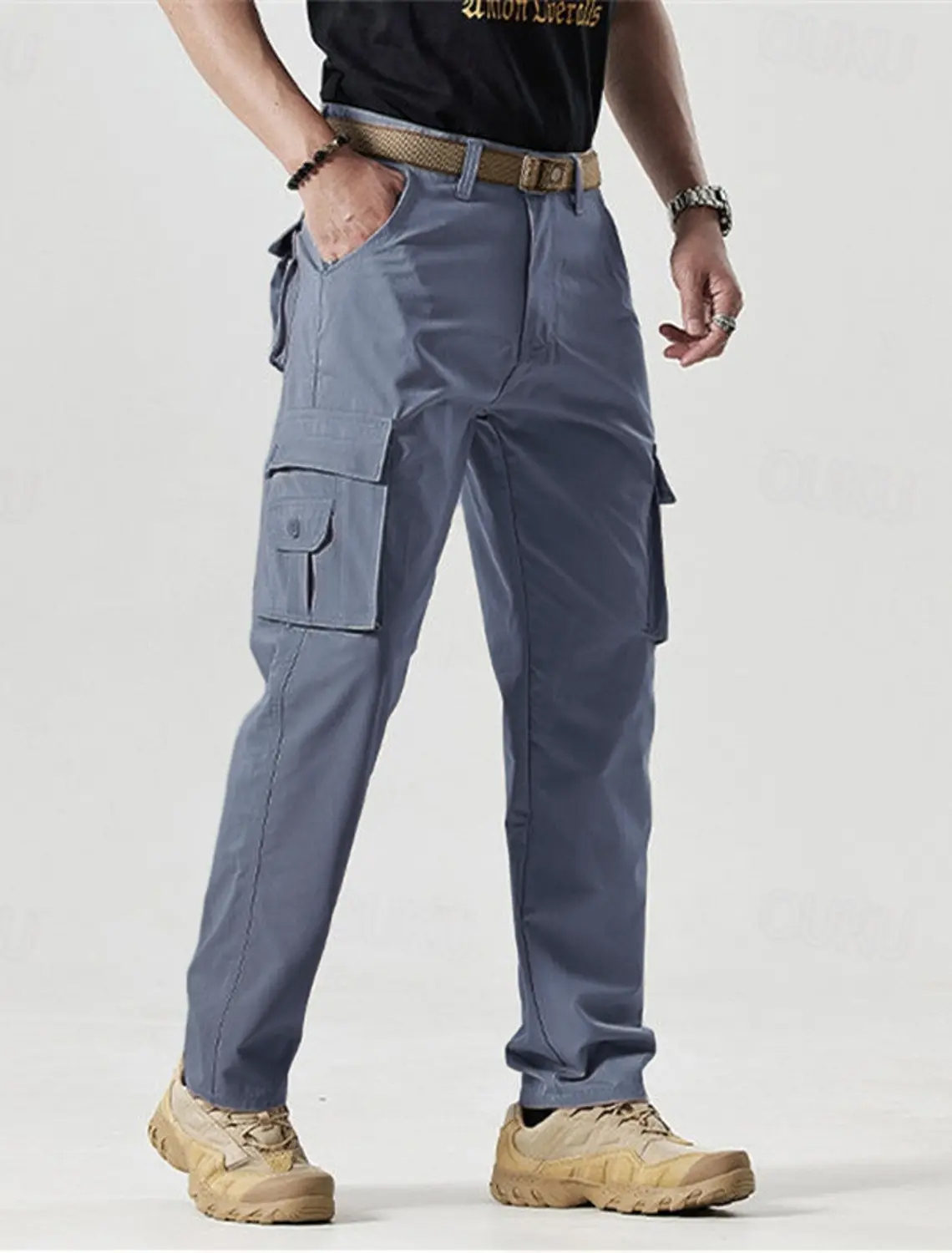 Men's Solid Color Patched Zipper Fly Cargo Pants