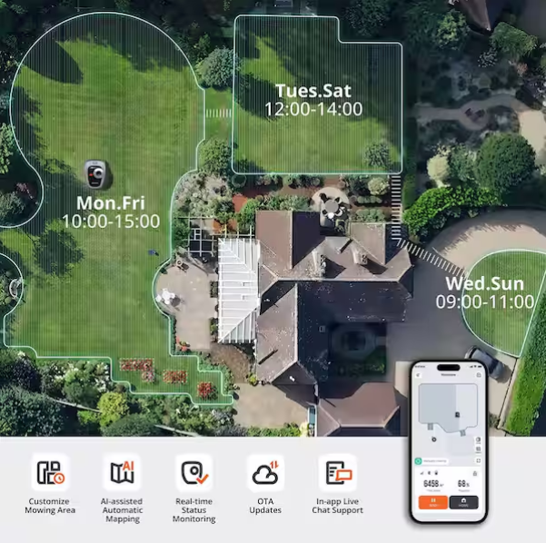 i105N 7.1 in. Robot Lawn Mower with Smart App Control, AI-Powered Assist Mapping, and Multi-Zone Management