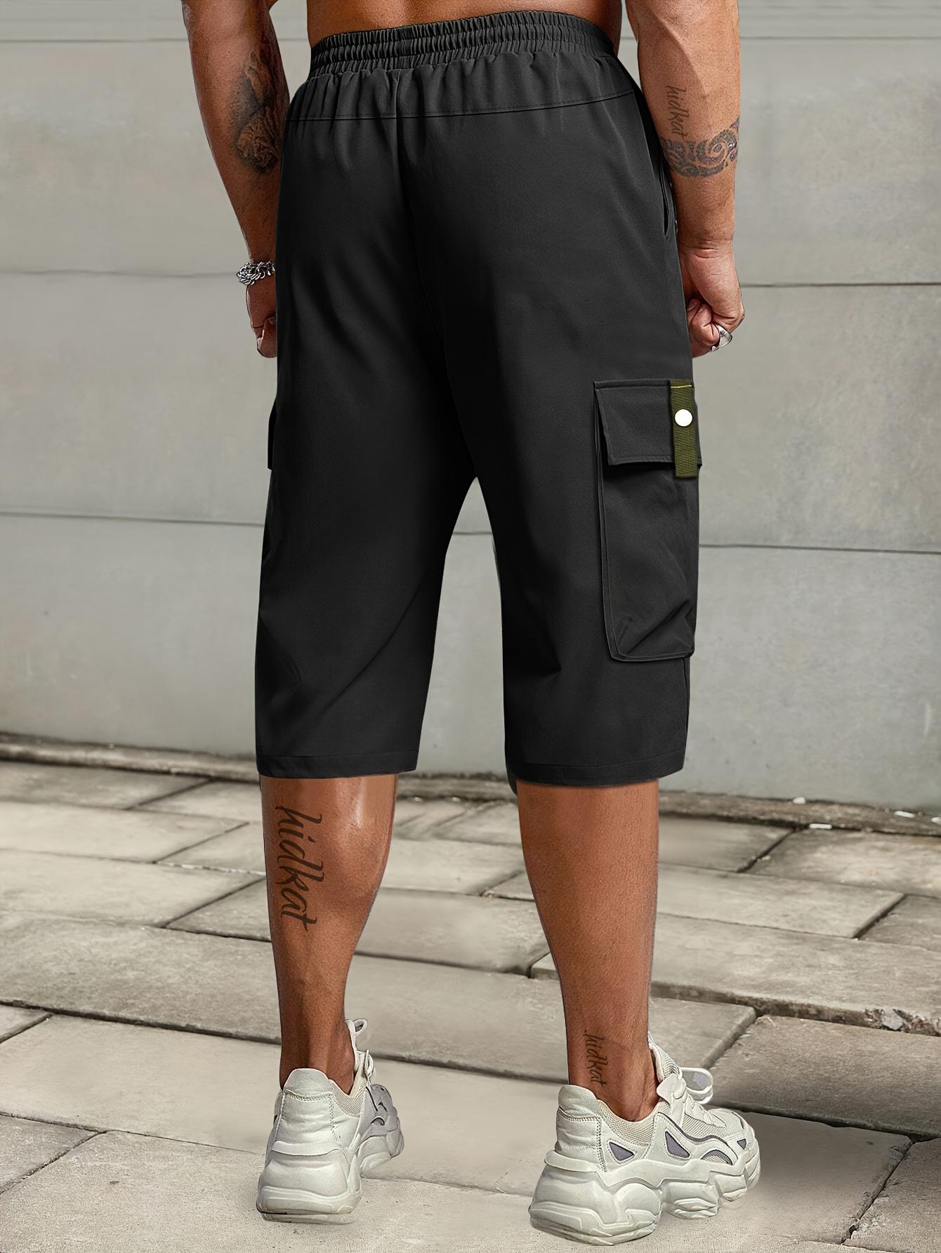 Men's Summer Casual Cargo Shorts - Elastic Drawstring Waist, Multiple Pockets & Letter Patch Design, Regular Fit Mid-Rise Non-Stretch Fabric for Daily Wear & Leisure Activities, Nontransparent Fabric