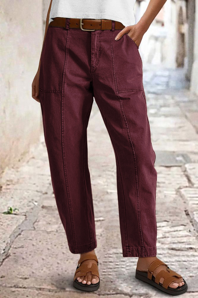 Solid Stitch Detail Mid Waist Barrel Leg Pants Without Belt