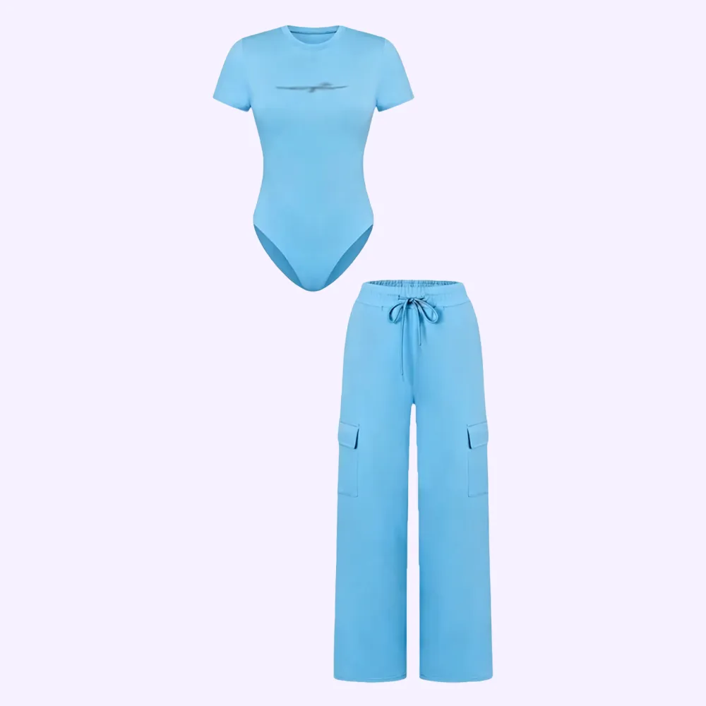 🔥Spring Fresh Sale 🎁Women's Knit Letter Print Two-Piece Set, Casual Fitted Short Sleeve Round Neck Jumpsuit & Drawstring Long Pants