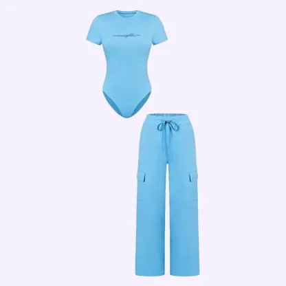 🔥Spring Fresh Sale 🎁Women's Knit Letter Print Two-Piece Set, Casual Fitted Short Sleeve Round Neck Jumpsuit & Drawstring Long Pants