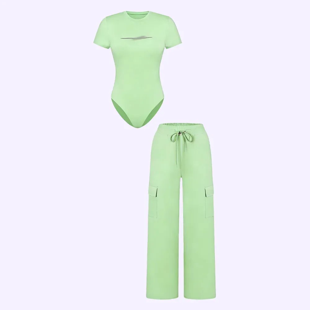 🔥Spring Fresh Sale 🎁Women's Knit Letter Print Two-Piece Set, Casual Fitted Short Sleeve Round Neck Jumpsuit & Drawstring Long Pants
