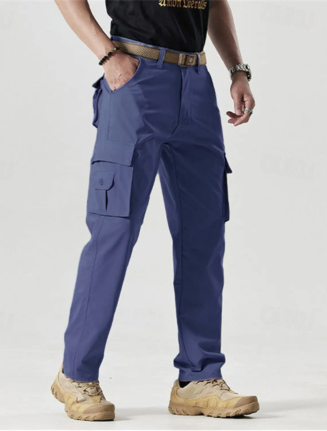 Men's Solid Color Patched Zipper Fly Cargo Pants