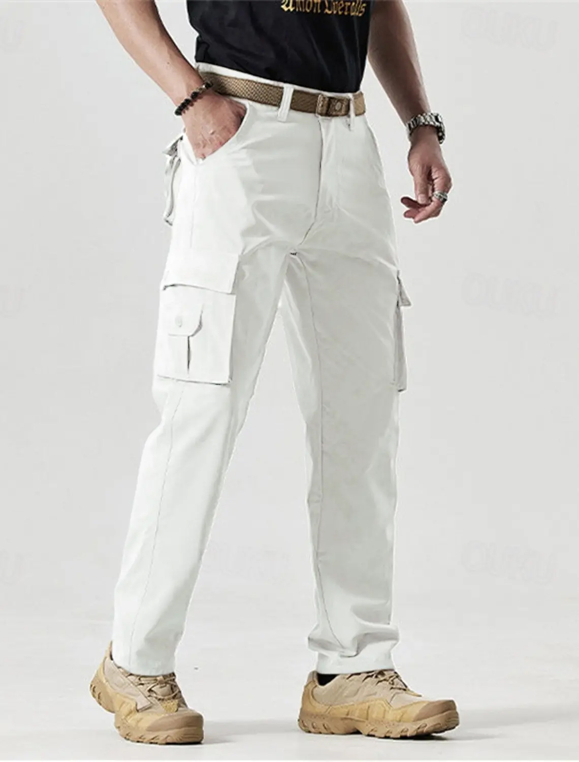 Men's Solid Color Patched Zipper Fly Cargo Pants
