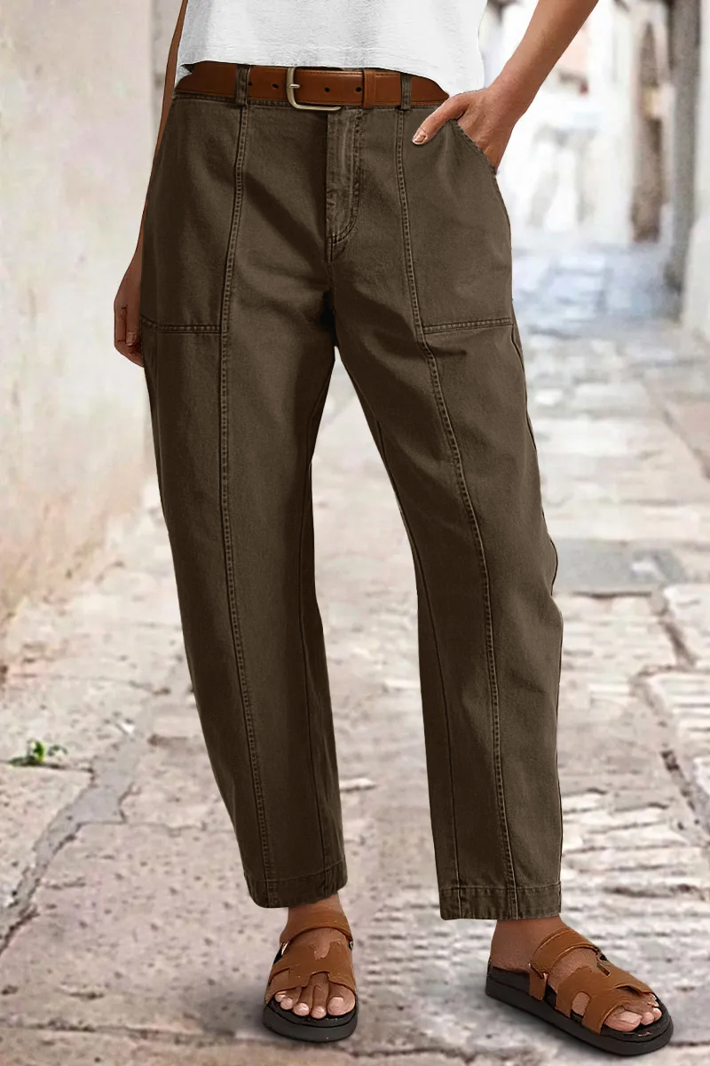 Solid Stitch Detail Mid Waist Barrel Leg Pants Without Belt