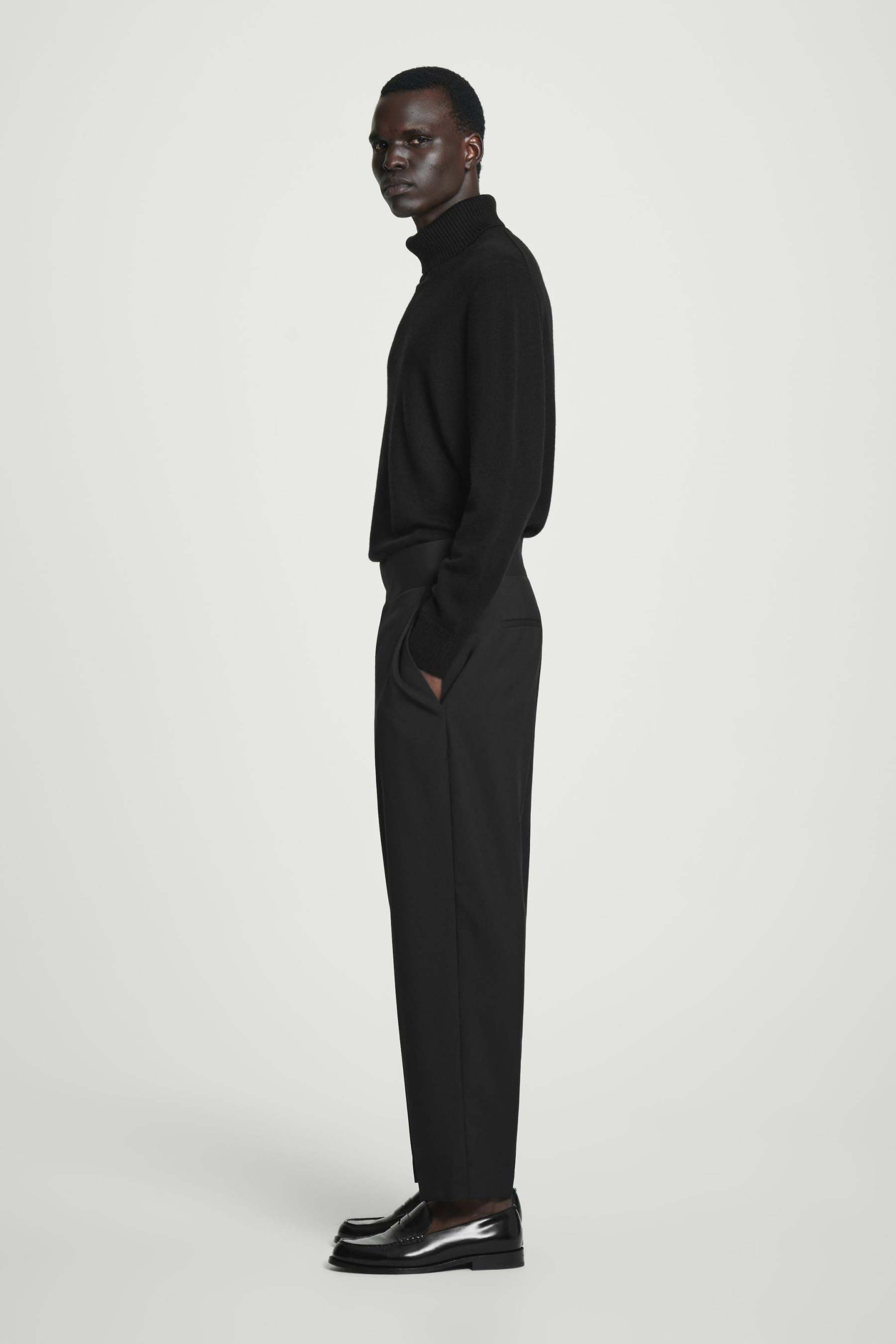 RELAXED BELTED WOOL-HOPSACK TAPERED TROUSERS