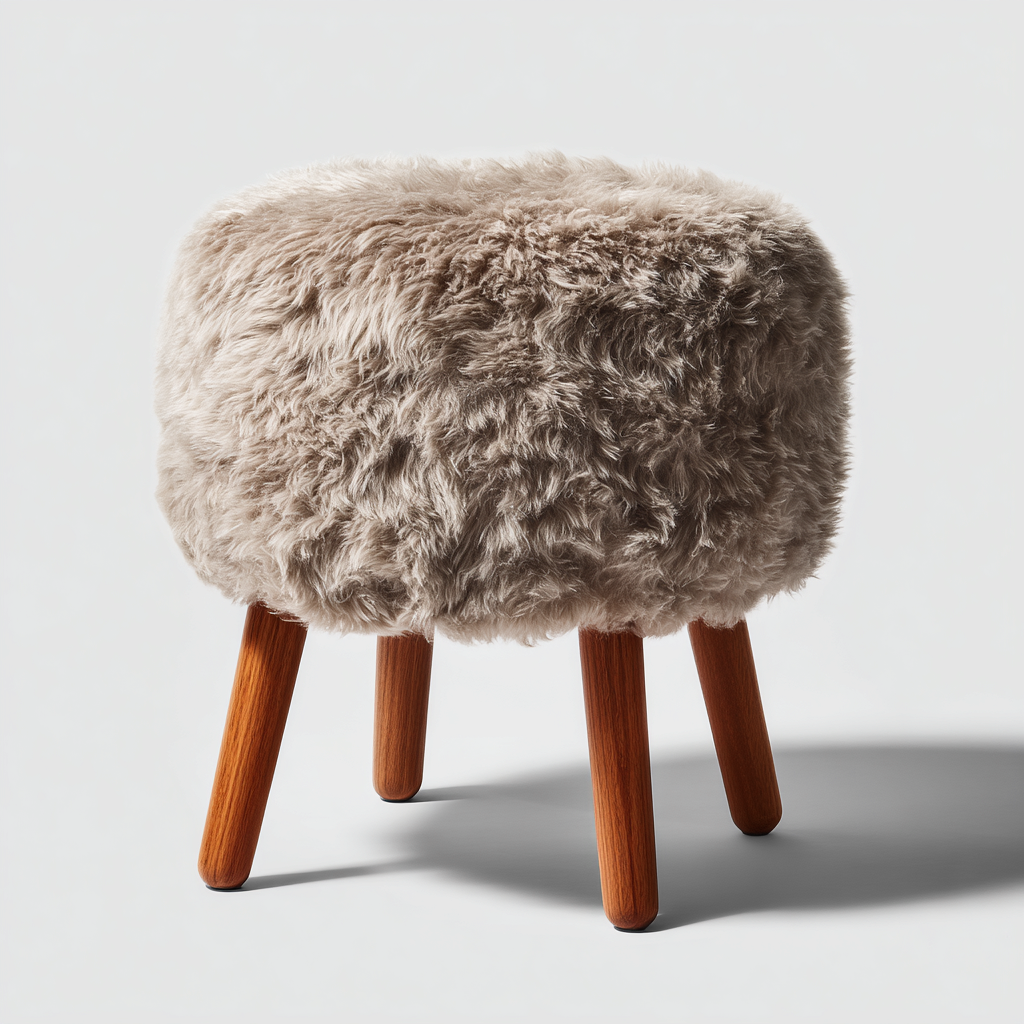 Pouf rond en fausse fourrure beige avec pieds en bois - 40x40x45 cm - beige - style nordique cosy-Restota