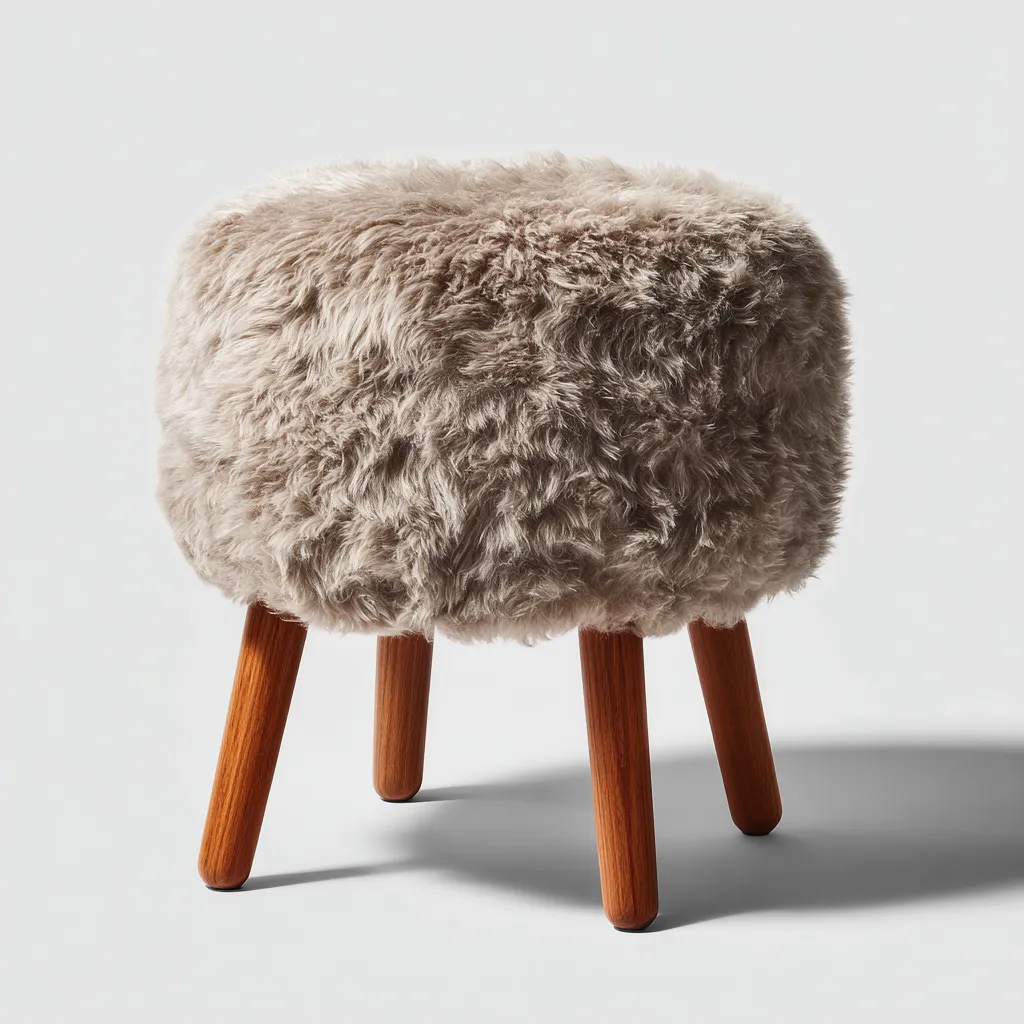 Pouf rond en fausse fourrure beige avec pieds en bois - 40x40x45 cm - beige - style nordique cosy-Restota