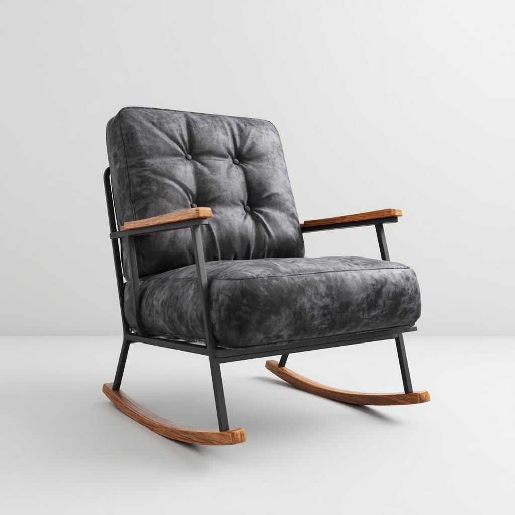 Fauteuil à bascule - Tissu velours gris foncé avec structure en métal noir et accoudoirs en bois - 78x85x95 cm - Grisfoncé - Style industriel moderne-Restota