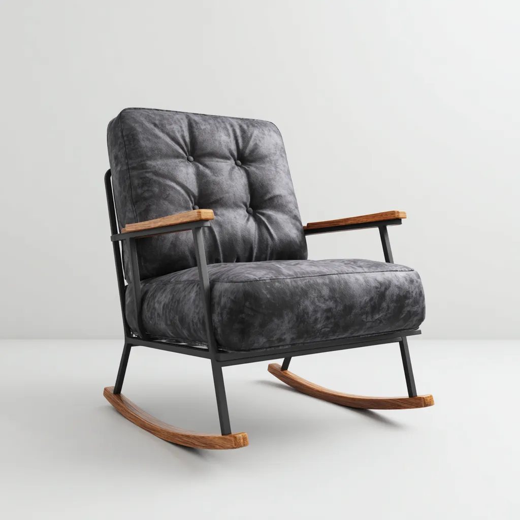 Fauteuil à bascule - Tissu velours gris foncé avec structure en métal noir et accoudoirs en bois - 78x85x95 cm - Grisfoncé - Style industriel moderne-Restota