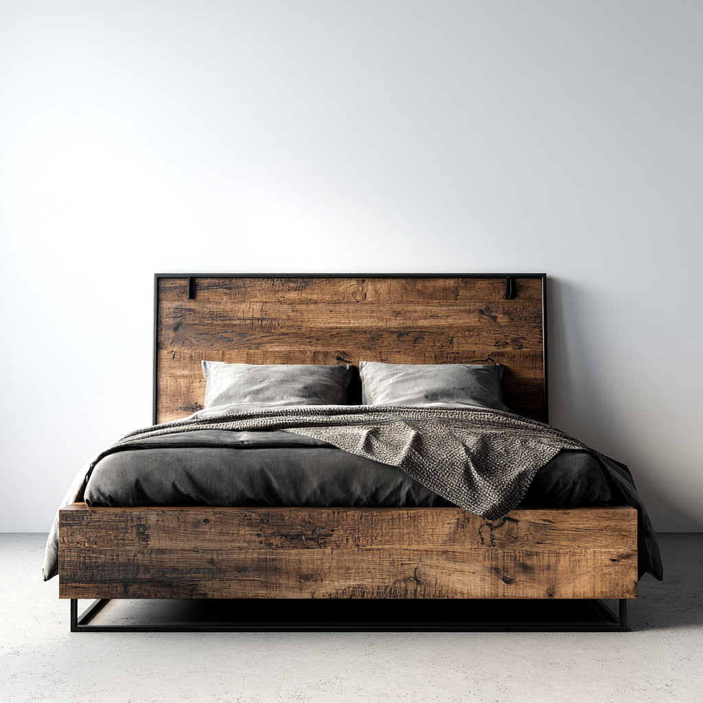 Lit double - bois massif et métal avec tête de lit pleine - 200x160x95 cm - noyer-noir - style industriel moderne-Restota