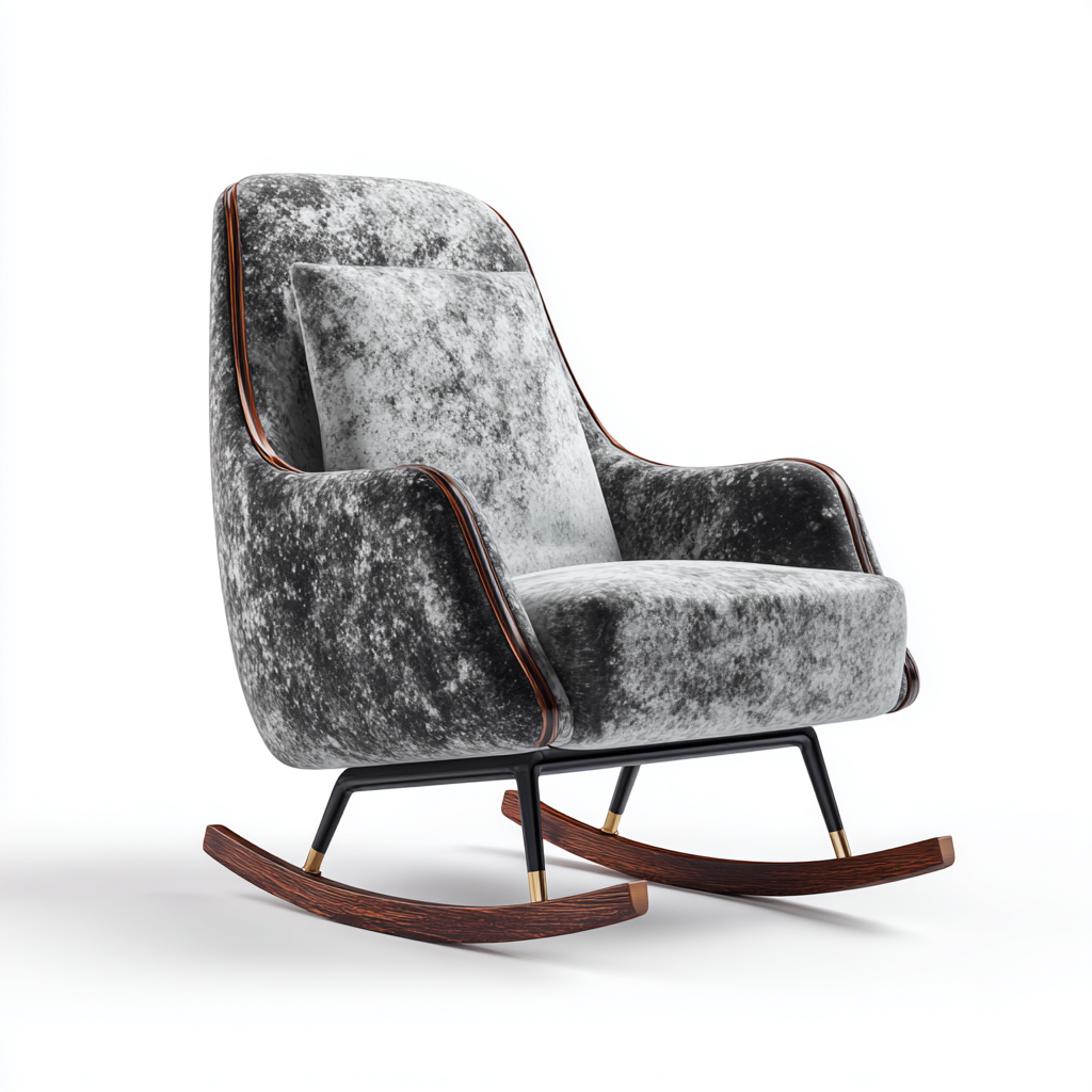 Fauteuil à bascule en velours gris marbré avec structure en métal noir et patins en bois foncé - 65x75x95 cm - gris foncé - style contemporain élégant-Restota
