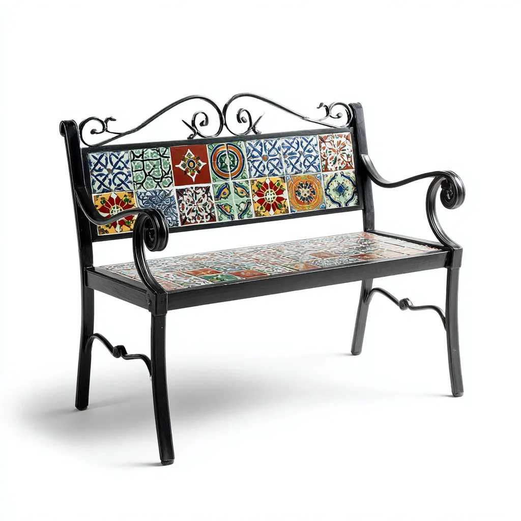 Banc de jardin en fonte et céramique - 125x55x90 cm - noir-multicolore - style méditerranéen-Restota