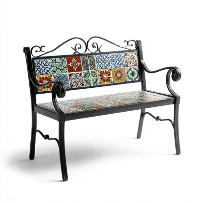 Banc de jardin en fonte et céramique - 125x55x90 cm - noir-multicolore - style méditerranéen-Restota