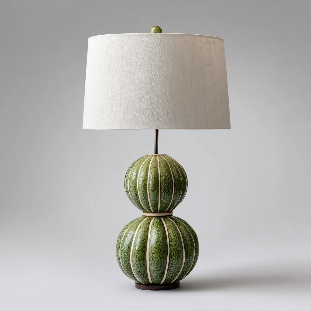 Lampe de table en céramique verte à double sphère avec abat-jour en tissu - 32x32x58 cm - vert-crème - design moderne-Restota