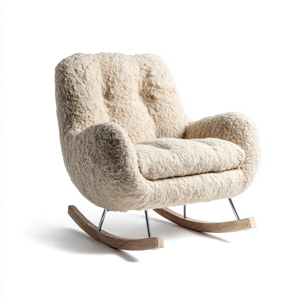 Fauteuil à bascule - Tissu bouclette crème et piètement bois clair - 88x78x96 cm - Crème - Style contemporain cocooning-Restota