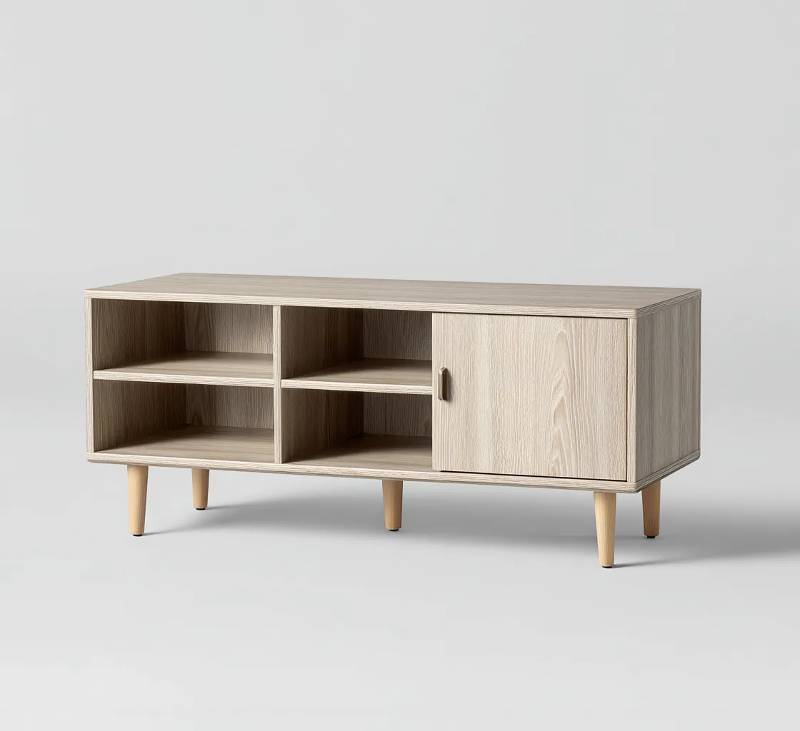 Meuble TV en bois clair avec porte latérale et étagères ouvertes - 110x40x55 cm - chêne clair - design nordique moderne-Restota