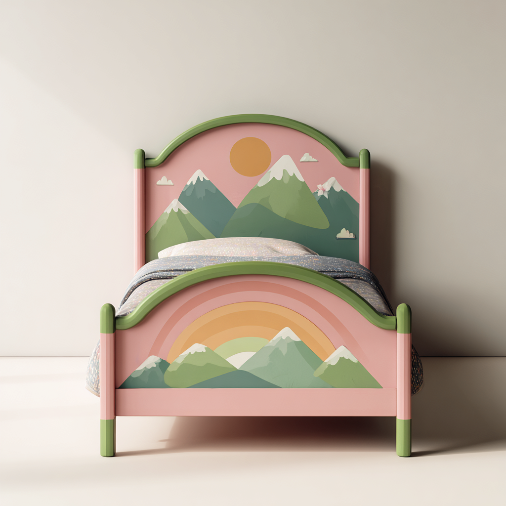 Lit enfant en bois peint - Rose-Vert 150x80x120 cm - Décor Montagnes et Arc-en-ciel - Style Ludique Créatif-Restota