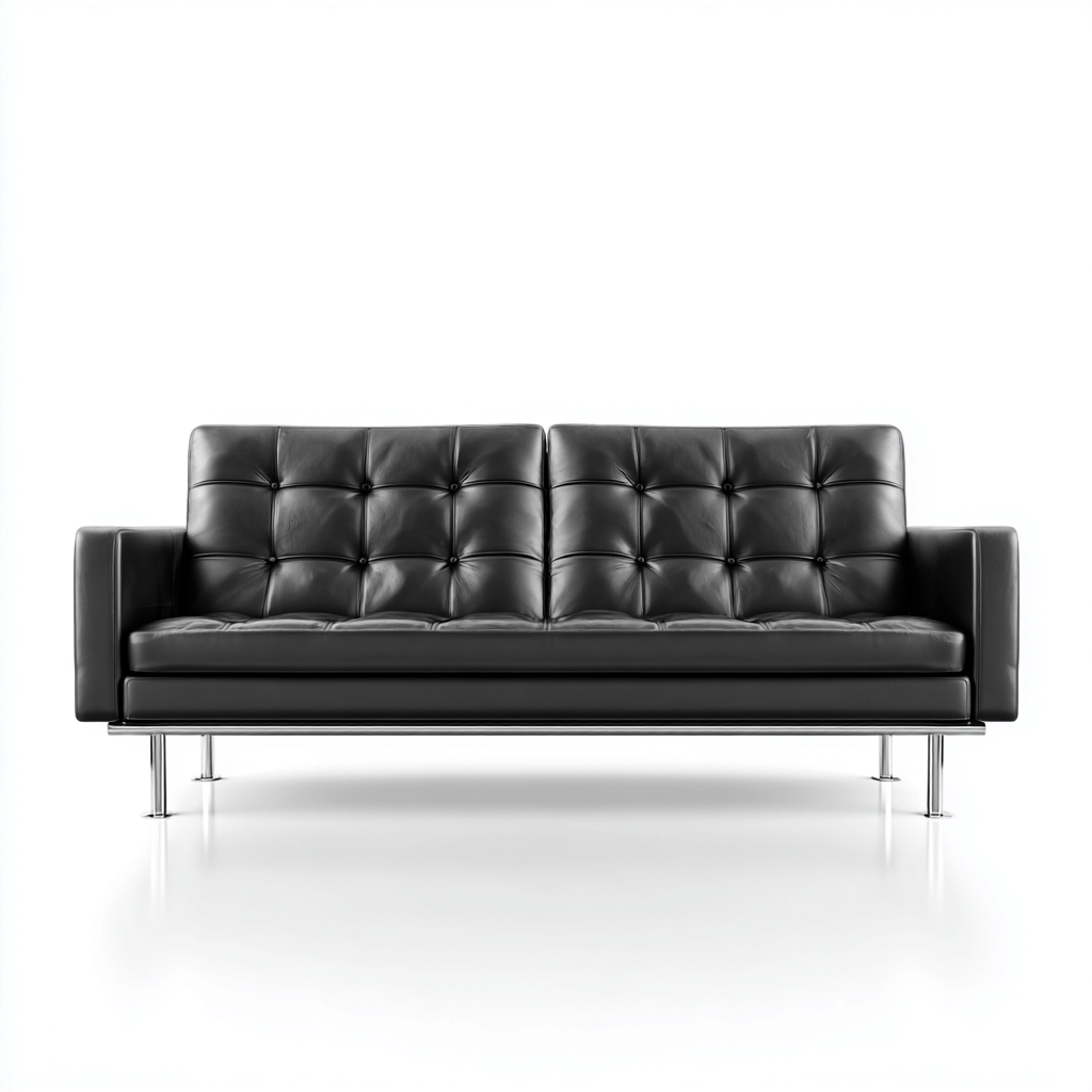 Canapé droit en cuir noir - piètement métal chromé - style capitonné - design contemporain - usage salon-Restota