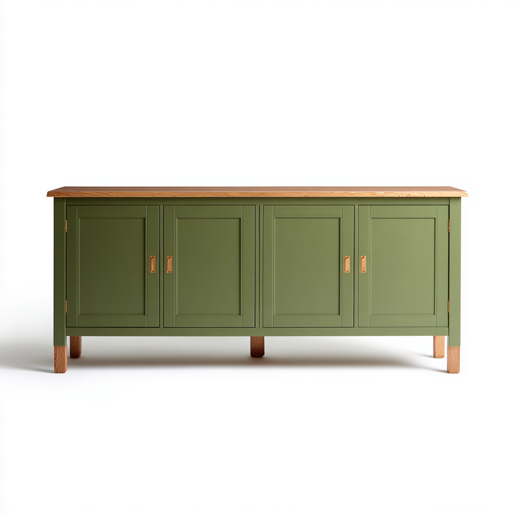 Meuble TV vert olive en bois massif avec plateau en chêne naturel - 170x40x80 cm - vertolive-chêne - style campagne moderne-Restota